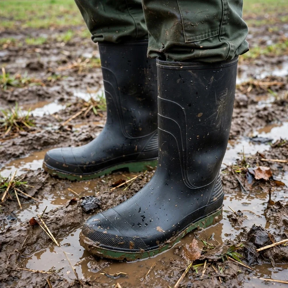 Gumboots Mens 11 Waterproof Boots Black Rubber Green Sole Work Rain Outdoor